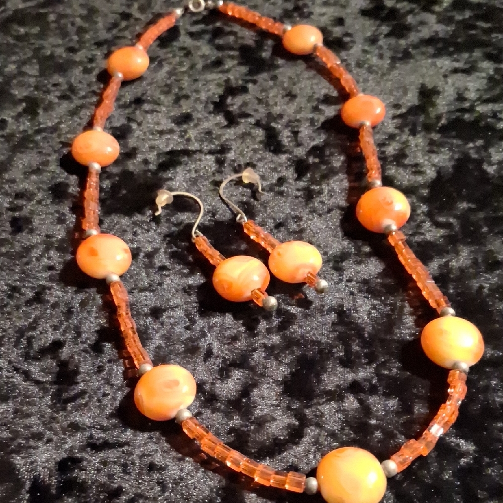 Hand Crafted Orange Beaded Necklace Rustic Design